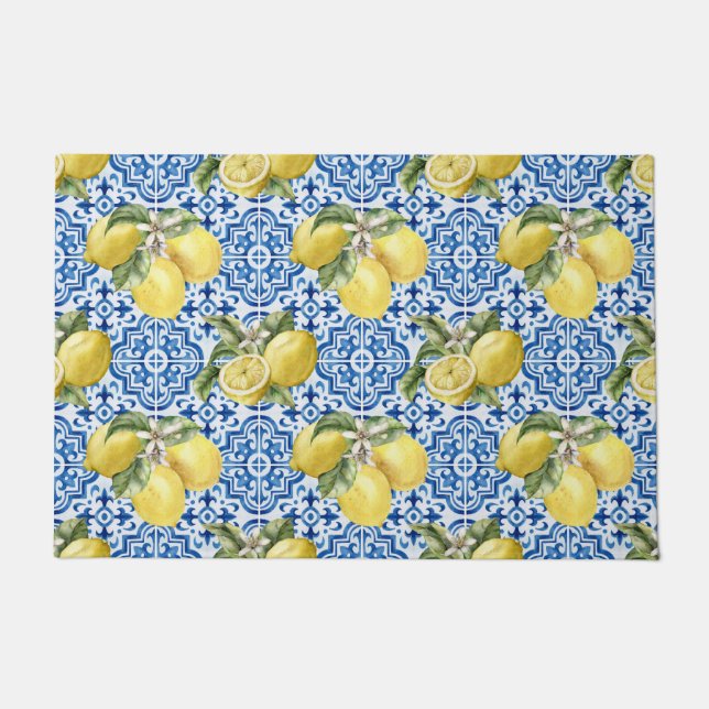 Paillasson Blue White Lemon Tile Mediterranean Pattern (Devant)