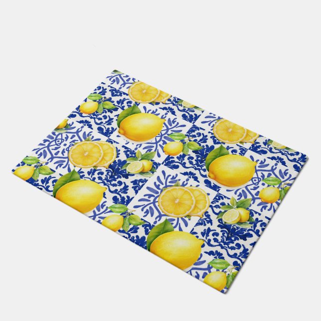 Paillasson Blue White Lemon Tile Pattern Mediterranean Citrus (Incliné)