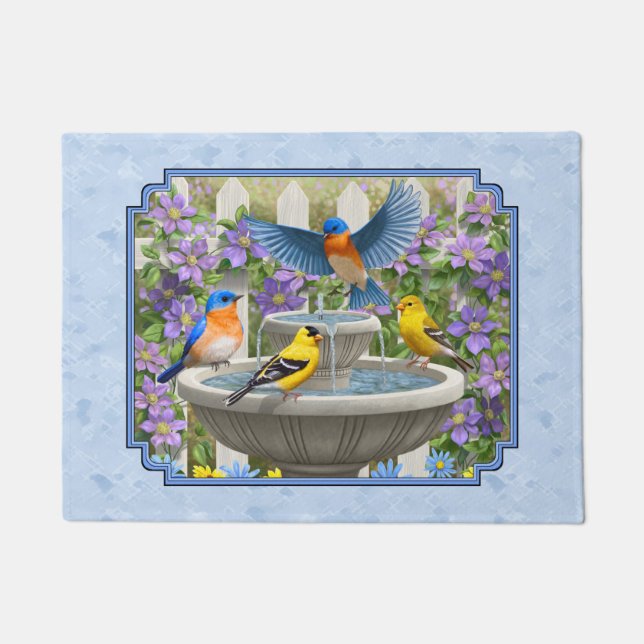 Paillasson Bluebirds Goldfinies Fleur Jardin Fontaine Bleu (Devant)