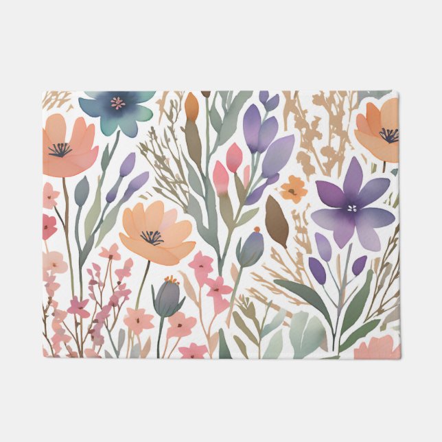 Paillasson Boho Fleur sauvage Aquarelle Pastel Floral Entrée (Devant)