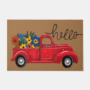 Paillasson Bonjour Camion Rouge Et Mat Fleur, Retro
