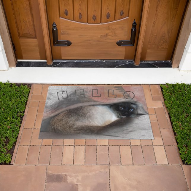 Paillasson BONJOUR Cute Accueillant Peek-A-Boo Bleu Eyed Siam (De plein air)