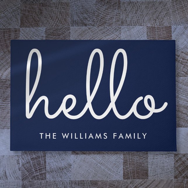 Paillasson Bonjour Élégant Script Marine Bleu Personnalisé No (Hello Stylish Script Navy Blue Custom Family Name Doormat)