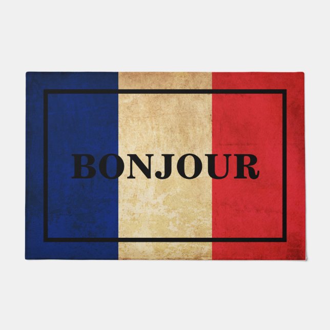 Paillasson BONJOUR PERSONNALISABLE texte sur le drapeau de la (Devant)