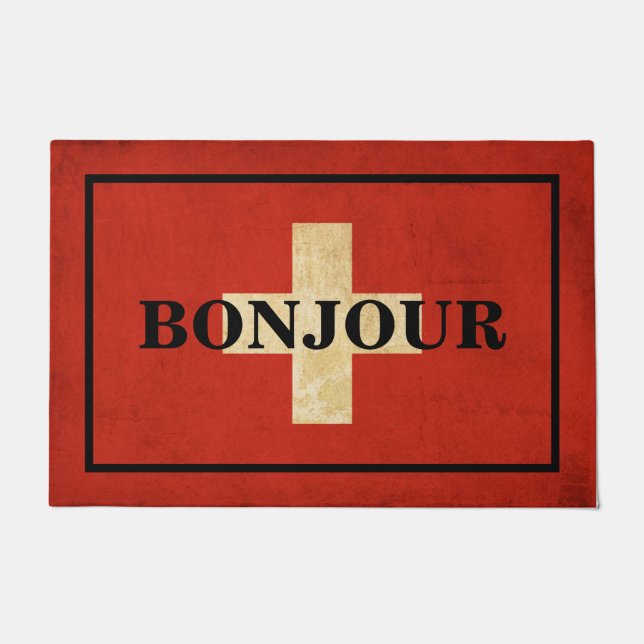 Paillasson BONJOUR PERSONNALISABLE texte sur le drapeau SUISS (Devant)