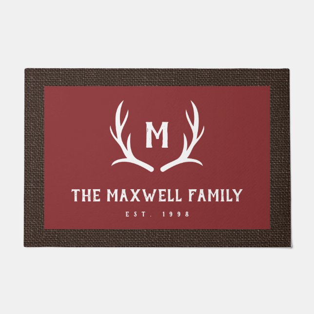 Paillasson Bordure rouge Russe Antler Monogram Faux Burlap (Devant)