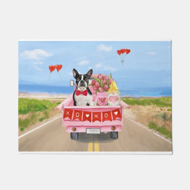 Paillasson Boston Terrier Chien Valentine's Day Truck Hearts (Devant)