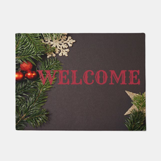 Paillasson Boules de Noël, branches de pin, Bienvenue (Devant)