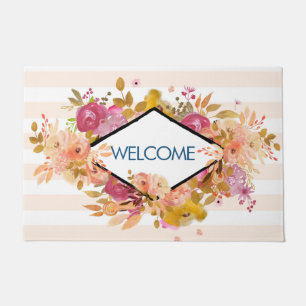 Paillasson Bouquet floral orange et rose Bienvenue