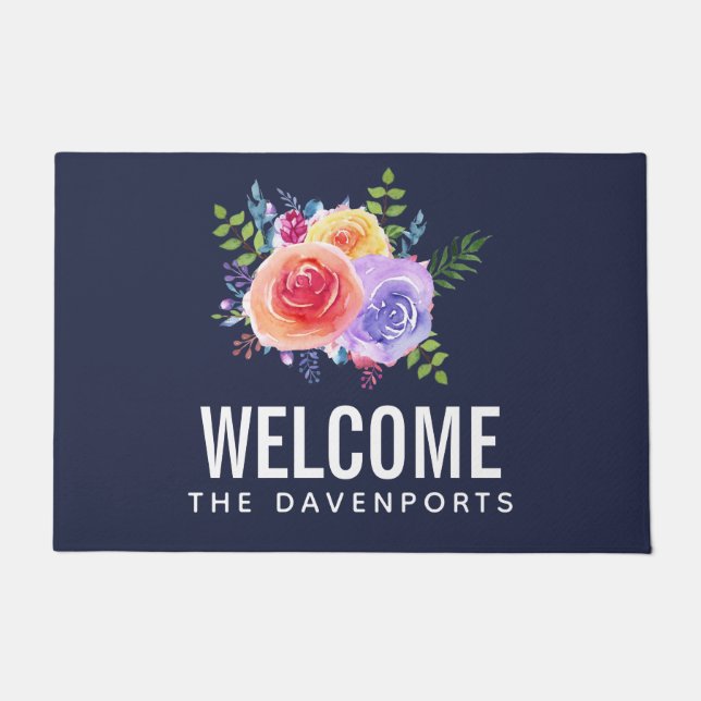 Paillasson Bouquet floral Rose moderne bienvenue (Devant)