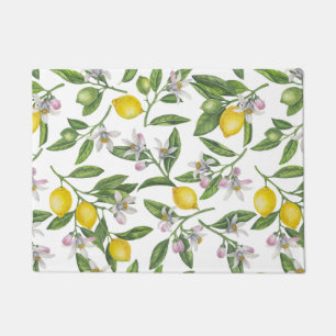 Paillasson Branches de citron avec fleurs et fruits sur blanc