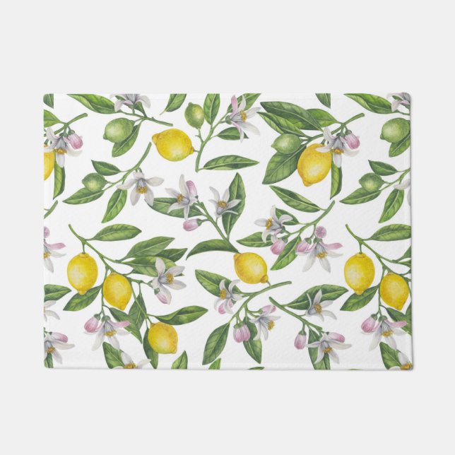 Paillasson Branches de citron avec fleurs et fruits sur blanc (Devant)