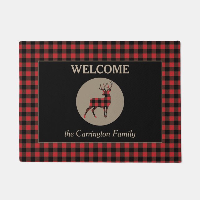 Paillasson Buffalo Plaid Motif Buck Deer Bienvenue (Devant)