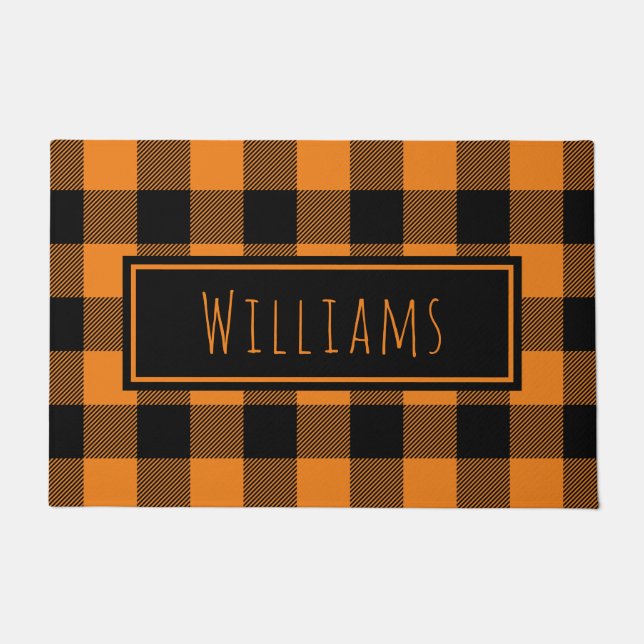 Paillasson Buffalo Plaid Orange et Black Nom personnalisé (Devant)