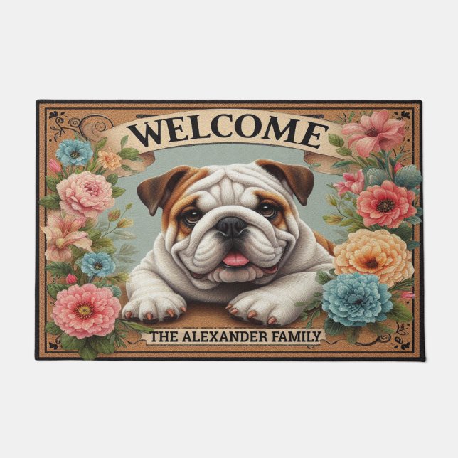 Paillasson Bulldog Paradise, Nom Personnalisé Welcome Dog (Devant)