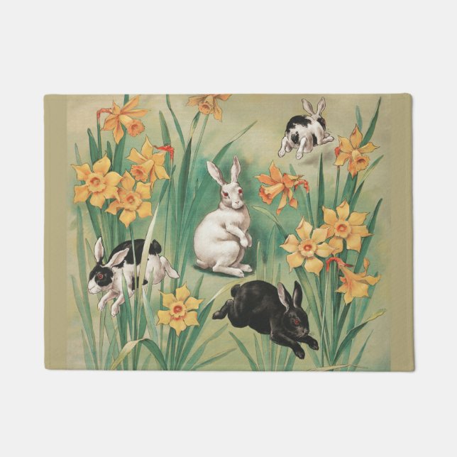 Paillasson Bunnies mignons aux fleurs de jonquille Antique Pâ (Devant)