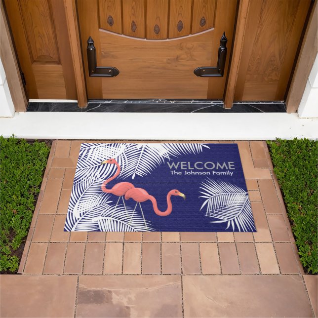 Paillasson Burlap bleu marine avec Flamants roses roses (De plein air)