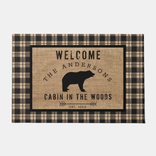 Paillasson Cabane de bienvenue Rustic Bear dans les bois Nom  (Devant)