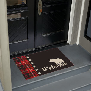 Paillasson Cabine Red Plaid Bear Bienvenue