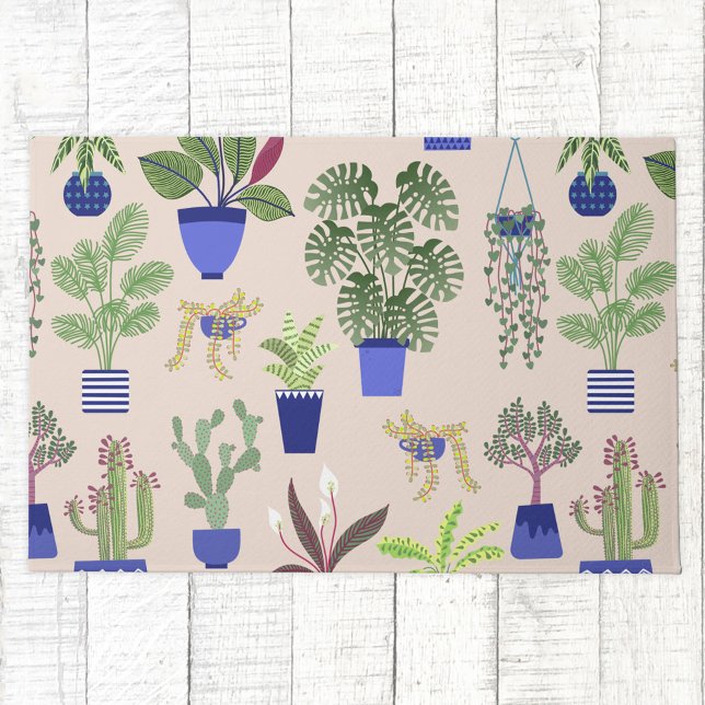 Paillasson Cactus Motif Succulent (Cactus succlent houseplant blush pink, blue and green botanical art door mat)