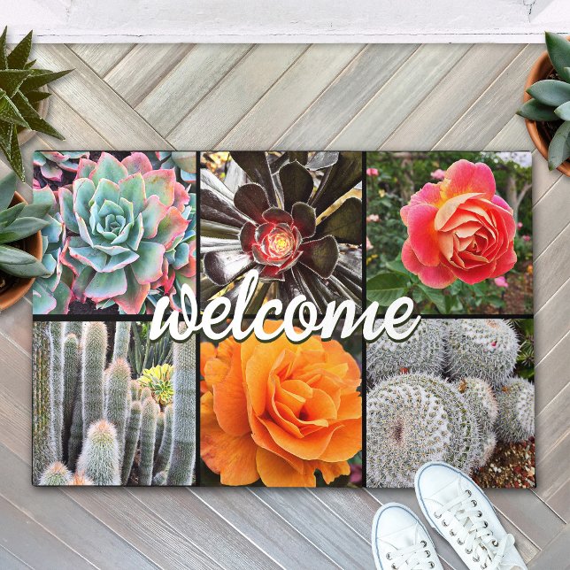 Paillasson Cactus Roses Photo Collage Bienvenue Script Modern (Créateur téléchargé)