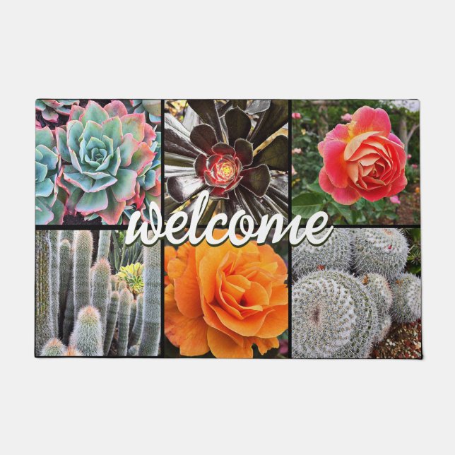 Paillasson Cactus Roses Photo Collage Bienvenue Script Modern (Devant)