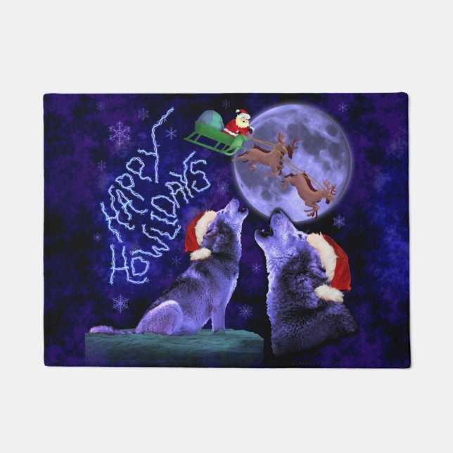 Paillasson Calembour drôle Howlidays heureux de loup de Noël (Devant)