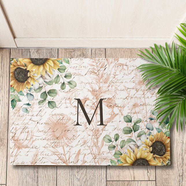 Paillasson Calligraphie Tournesol Rustique Vintage Monogramme (In situ on wood floor)