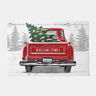 Paillasson Camion rouge Vintage avec sapin de Noël Nom de fa
