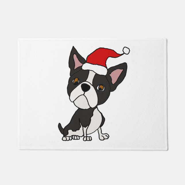 Paillasson Caricature de Noël du mignon Boston Terrier à Sant (Devant)