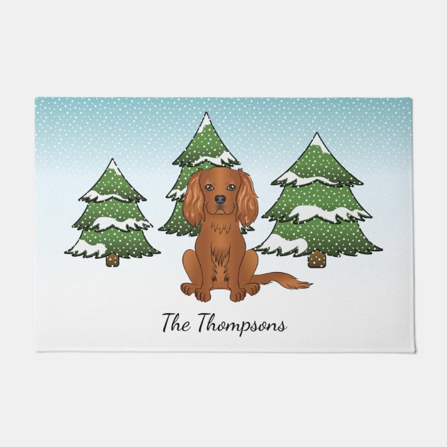 Paillasson Carlin Cavalier King Charles Spaniel Ruby en Hiver (Devant)