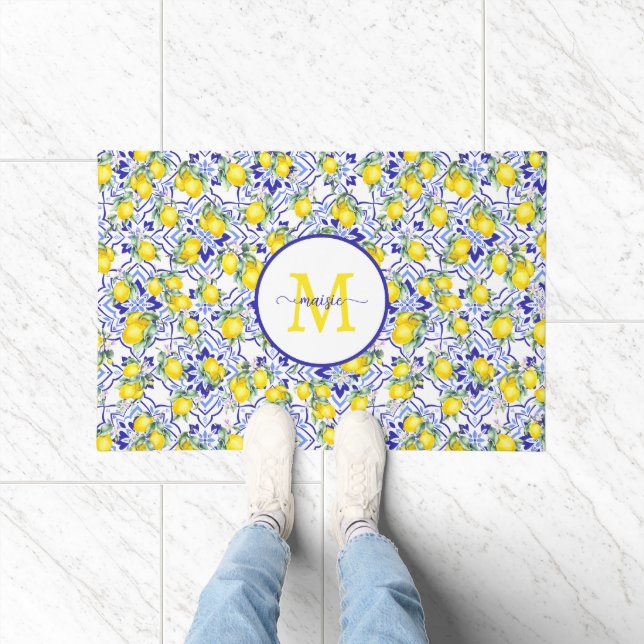 Paillasson Carreau de nom monogrammé Lemon Blue French Countr (Intérieur)