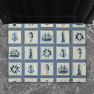 Paillasson Carreaux marins Blue Lighthouse Ancre Ship Wheel