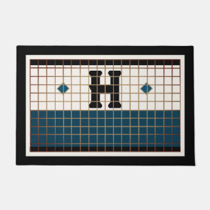 Paillasson Carrelage Bistro vintage Turquoise et Monogramme O