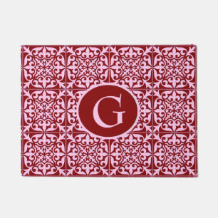 Paillasson Carrelage marocain, bordeaux et rose, avec monogra