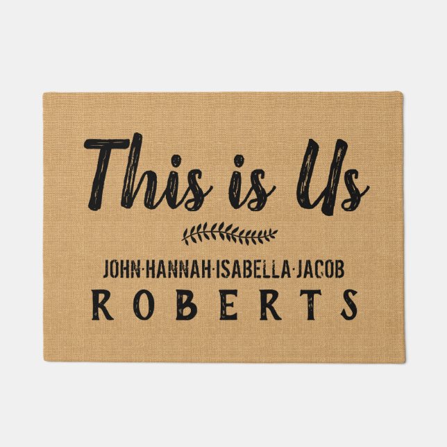 Paillasson Ceci est Us Burlap Farmhouse Feedsack Custom Names (Devant)