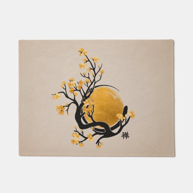 Paillasson Cercle Zen Enso, soleil d'or et fleurs Sakura (Devant)