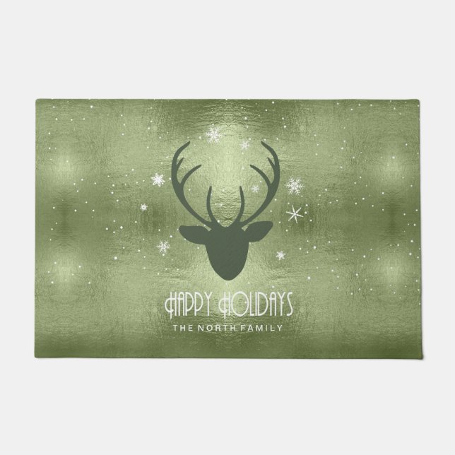 Paillasson Cerfs Antlers Silhouette & Snowflakes Green ID861 (Devant)