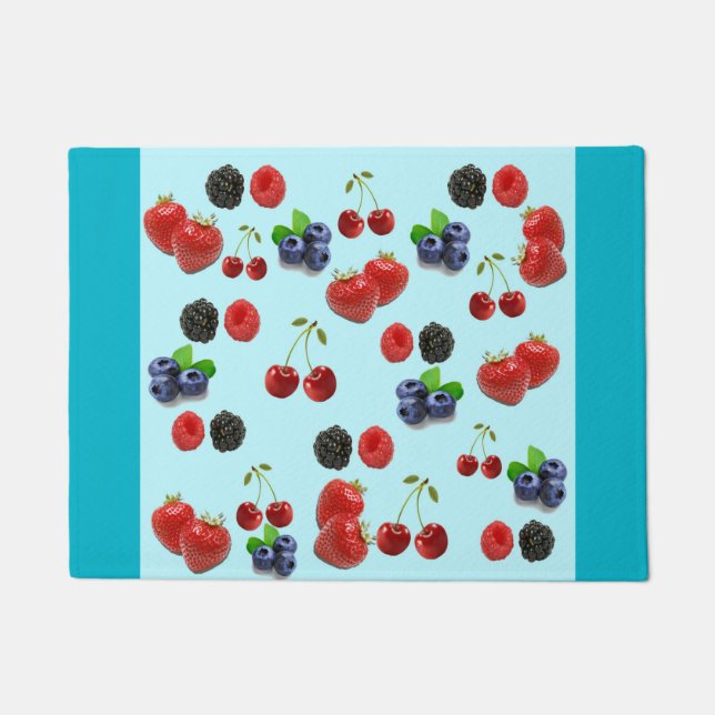 Paillasson Cerise fraise bleu apperon noir Porte Mat (Devant)