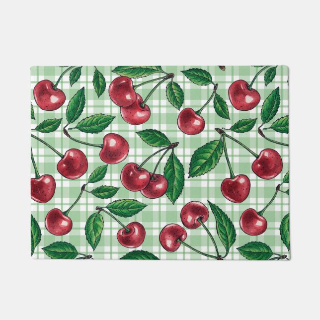 Paillasson Cerises rouges sur en vichy vert clair (Devant)