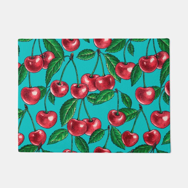 Paillasson Cerises rouges sur turquoise (Devant)