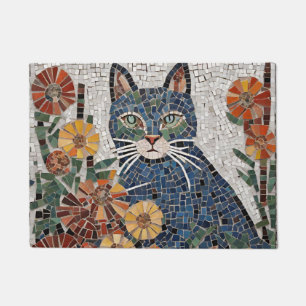 Paillasson Chat Bleu avec Fleurs mosaïque Carrelée