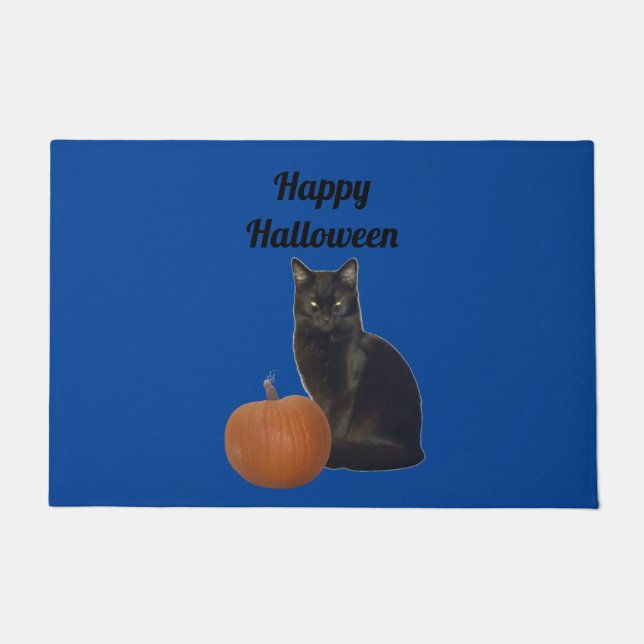Paillasson Chat citrouille et noir Joyeux Halloween Bleu (Devant)
