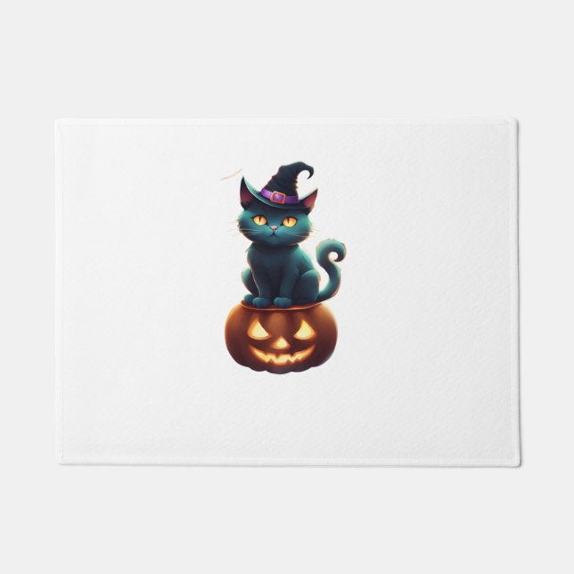 Paillasson Chat d'Halloween assis sur un citrouille (Devant)