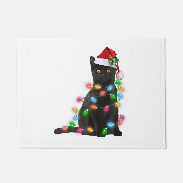 Paillasson Chat Noir Avec Chapeau De Père Noël Lumières De No (Devant)