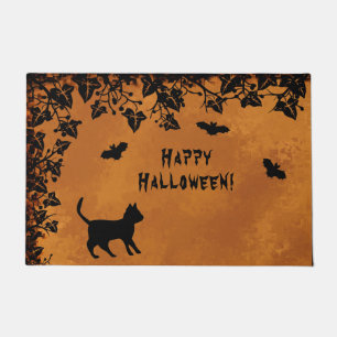 Paillasson Chat noir avec chauve-souris, Happy Halloween