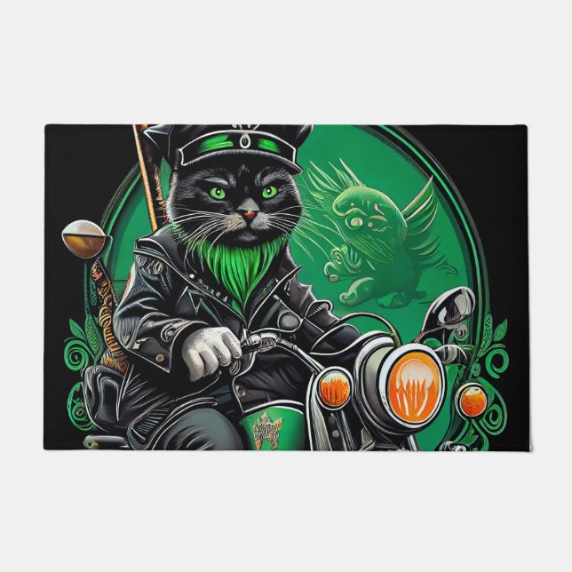 Paillasson Chat noir conduisant un vélo la Saint-Patrick (Devant)