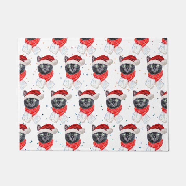 Paillasson Chat noir de Noël avec écharpe rouge (Devant)