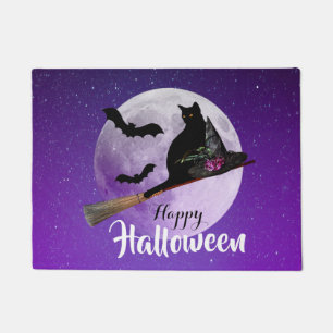 Paillasson Chat noir d'Halloween sur balai pleine lune