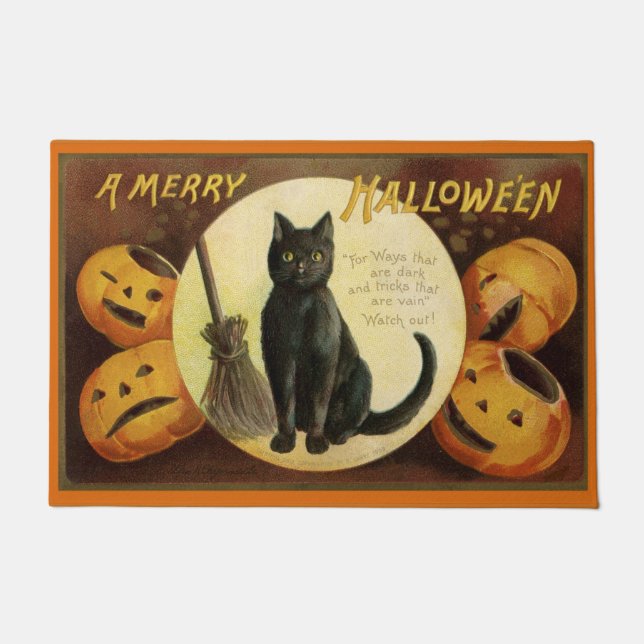 Paillasson Chat noir d'Halloween vintage et Citrouilles sculp (Devant)